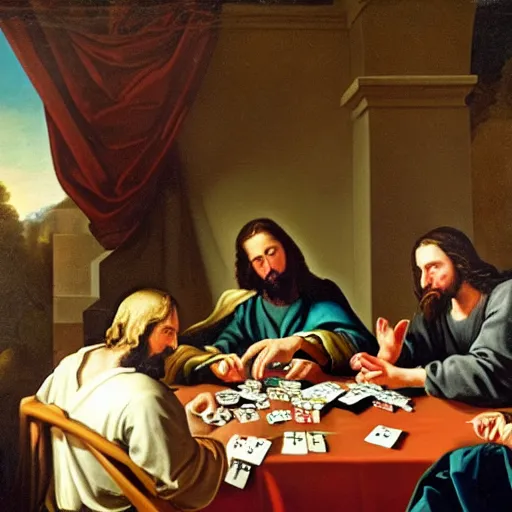 Image similar to a baroque painting of jesus playing poker