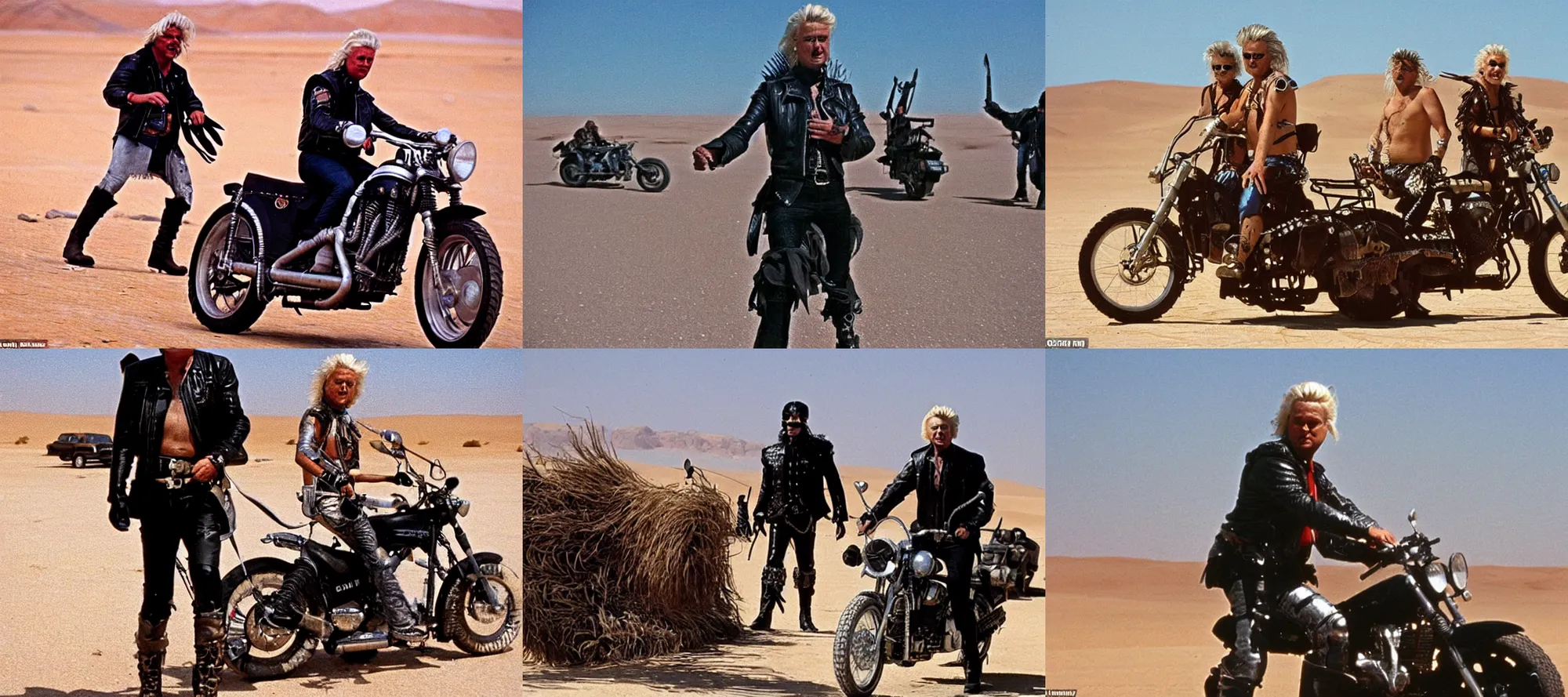 Prompt: Geert Wilders in a bikers outfit walking thru the desert, Mad Max Beyond Thunderdome 1985,