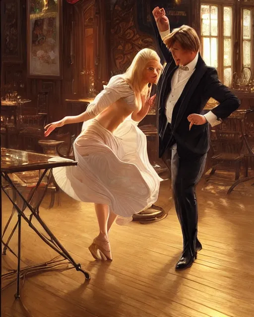 Image similar to Portrait of a  blonde lady and Michael mcintyre dancing on a table at Archer Street Soho,real life skin, intricate, elegant, highly detailed, artstation, concept art, smooth, sharp focus, art by artgerm and greg rutkowski and alphonse mucha