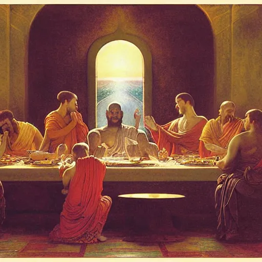 Prompt: buddha explaining the universe in last supper painting by gaston bussiere, craig mullins, j. c. leyendecker, lights, art by ernst haeckel, john william godward, hammershøi,,