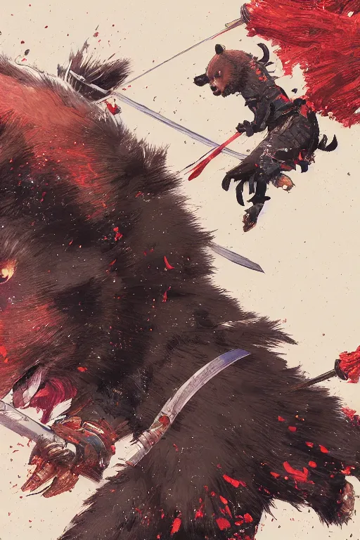 Image similar to key anime visuals rendering of a bear dressed as a ninja fighting with a katana. colorful design. higly detailed, intricate, greg rutkowski, directed by makoto shinkai, anime manga style, trending on art station.