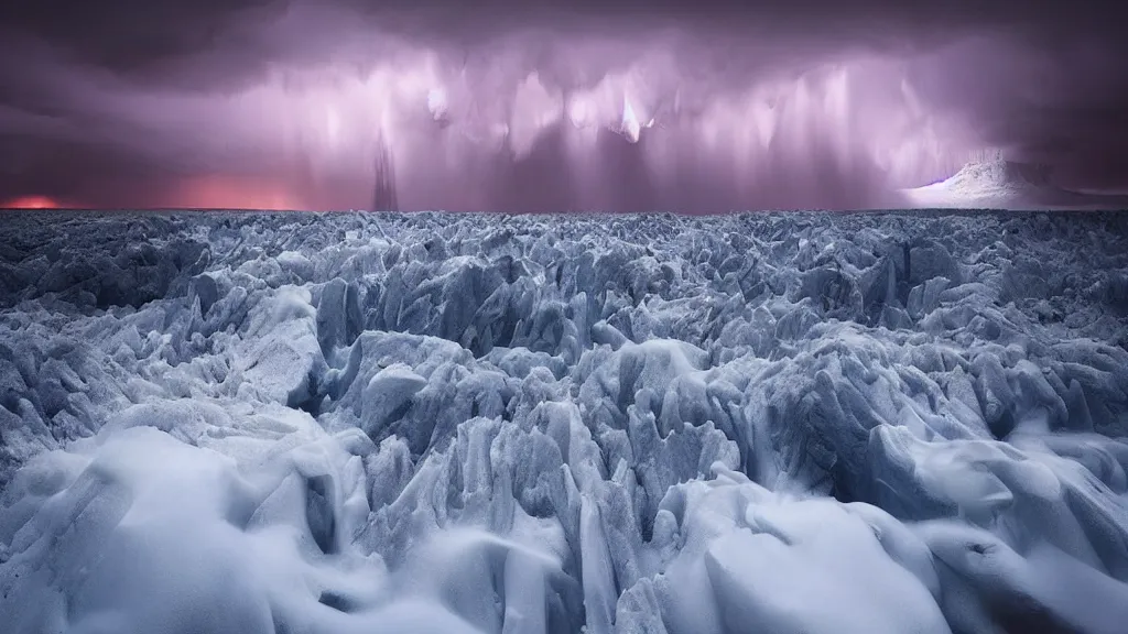 Image similar to amazing landscape photo of nuclear wintre by marc adamus, beautiful dramatic lighting