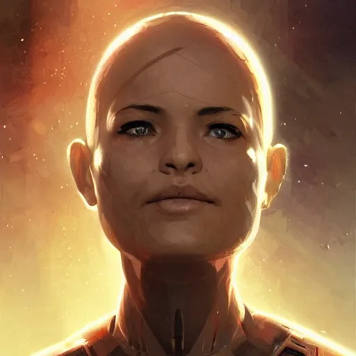 Image similar to a middle eastern starship medical officer with cybernetic enhancements, female, sci fi character portrait by greg rutkowski, craig mullins