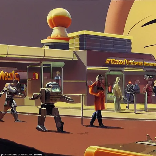 Image similar to intricately detailed ralph mcquarrie concept art of a futuristic mcdonalds with the golden arches displayed. a space station is seen off in the distance with various droids and people walking in the foreground. a trooper is seen holding a brown mcdonalds bag.