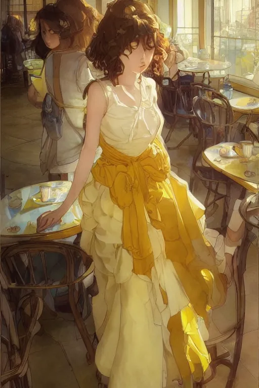 Image similar to A girl in a maid's outfit in a cafe a afternoon, wavy hair yellow theme,S line,45 angel by krenz cushart and mucha and yoneyama mai and greg rutkowski