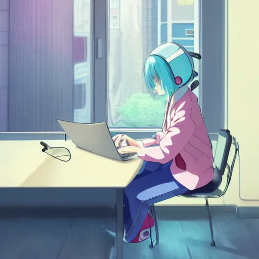 Image similar to high definition anime portrait of a pastel blue haired anime girl sitting at a desk studying with headphones on, background is a window looking out into a busy Tokyo district, lo-fi art, by Studio Ghibli, trending on artstation, sharp high quality anime, digital art, photoshop, proportionate, ambient lighting