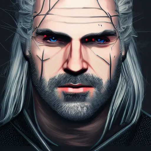 Image similar to portrait of witcher, highly detailed, centered, solid color background, digital painting