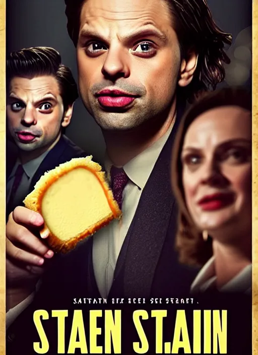 Prompt: highly detailed comedy caper movie poster with zany silly wacky sebastian stan as a sentient flan puddihg, sebastian stan face made from flan pudding by greg rutkowski, masterpiece, 1 0 / 1 0