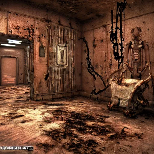 Prompt: disfigured necromorph being crawling in the spacecraft hallway, rusty and dirty interiors, highly realistic and intricate, dim lights