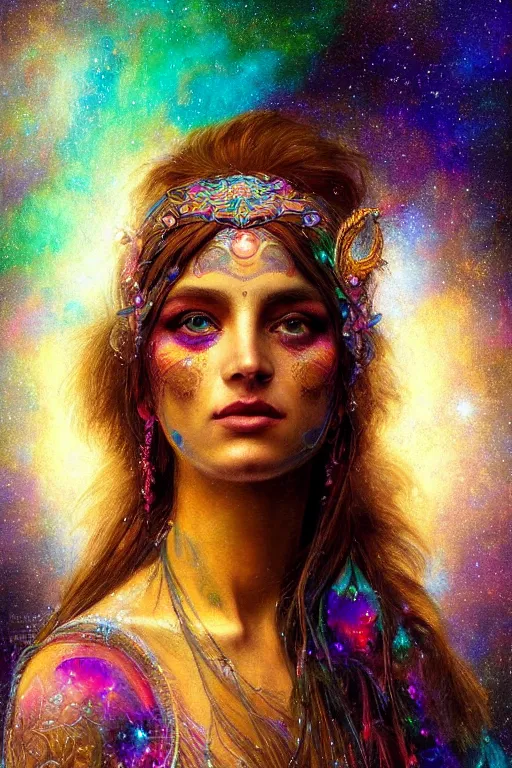 Image similar to full view portrait of an ethereal gypsy woman with detailed eyes, glowing face, floating in space with a half moon, photorealistic, colorful dress, in the style of ruan jia and gaston bussiere, holographic undertones, art nouveau galaxy background, intricate, flowing dress, smooth, sharp focus, dramatic lighting, illustration, hdr, artgerm