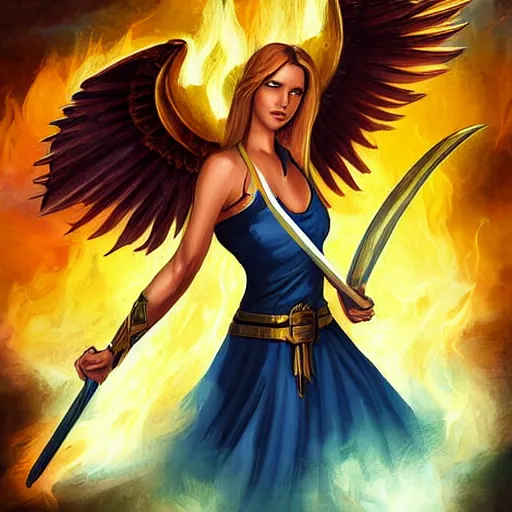 Prompt: biblically accurate angel, epic propaganda poster, holding a flaming sword, strength, health, confidence, epic digital art in the style of magic the gathering cart art