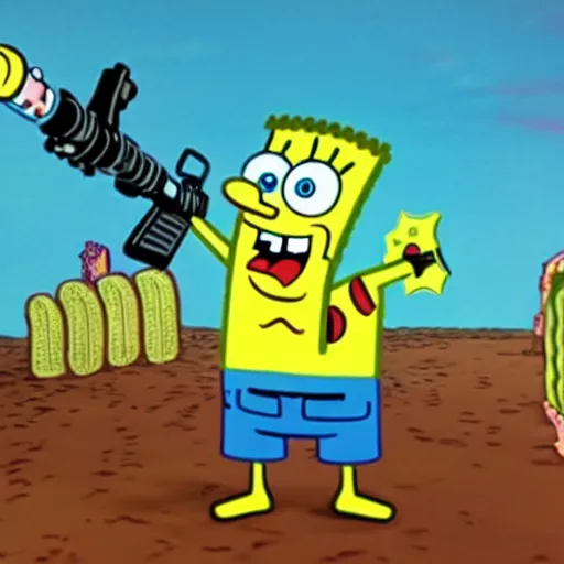 Prompt: high detail full body shot of spongebob shooting a machine gun