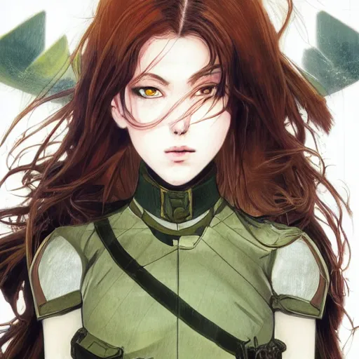 Image similar to soldier girl, green eyes, ground explosion, anime style, long hair, hair down, symmetrical facial features, under heavy fire, hyper realistic, pale skin, 4 k, rule of thirds, extreme detail, detailed drawing, trending artstation, hd, fantasy, d & d, realistic lighting, by alphonse mucha, greg rutkowski, sharp focus, backlit, war