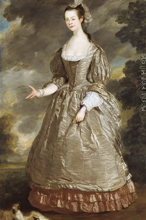 Prompt: 1700s kaya scodelario robe à la française by john constable enlightenment era, gaudy colors, mantua, frontage, petticoat,