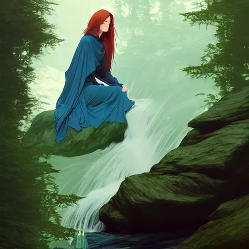 Prompt: wide angle, cloaked woman, sleeping on rock in river, white green brown blue color palette, eyes closed, forest, female, d & d, fantasy, intricate, elegant, highly detailed, long red hair, digital painting, artstation, octane render, concept art, matte, sharp focus, illustration, hearthstone, art by artgerm, alphonse mucha johannes voss