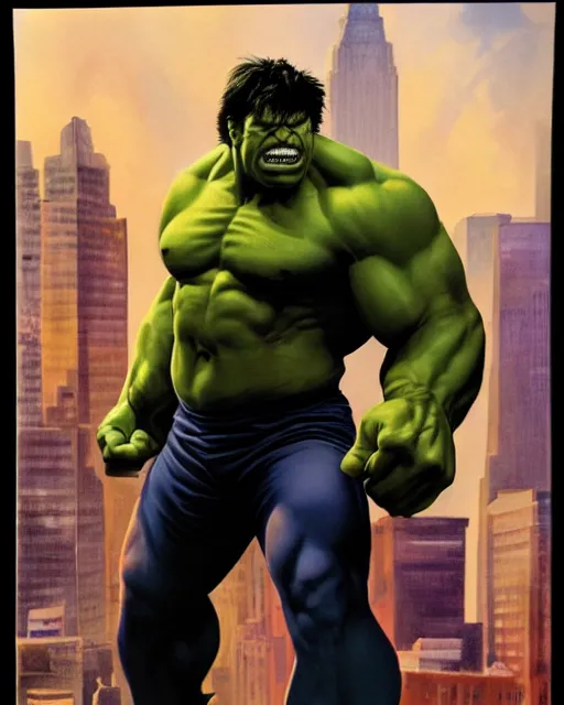 Image similar to a portrait of the incredible hulk looking angry in new york city by alex ross dramatic lighting.