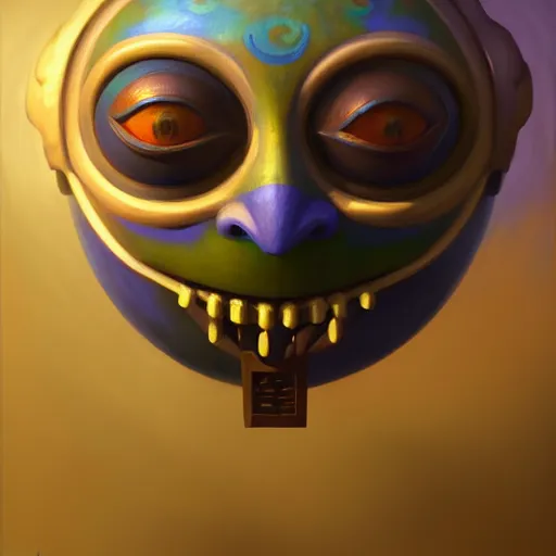 Prompt: a painting of dreamscape majora's mask happy mask salesman, extremely detailed digital painting, in the style of fenghua zhong and ruan jia and jeremy lipking and peter mohrbacher, mystical colors, rim light, beautiful lighting, 8 k, stunning scene, raytracing, octane, trending on artstation