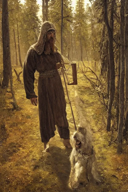 Image similar to Slavic dog head man, woolen torso in medieval clothes, walking in the forest, Orthodox Saint Christopher, oil painting, magic lights, painting by Viktor Vasnetsov, concept art, painting by Ivan Shishkin, hyperborea, hyperrealism, beautiful, high resolution, trending on artstation,