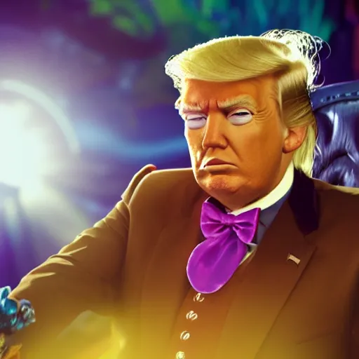 Prompt: portrait of donald trump as willy wonka in morrowind, fantasy, warcraft, warhammer, splash art, movie still, cinematic lighting, dramatic, octane render, long lens, shallow depth of field, bokeh, anamorphic lens flare, 8 k, hyper detailed, 3 5 mm film grain