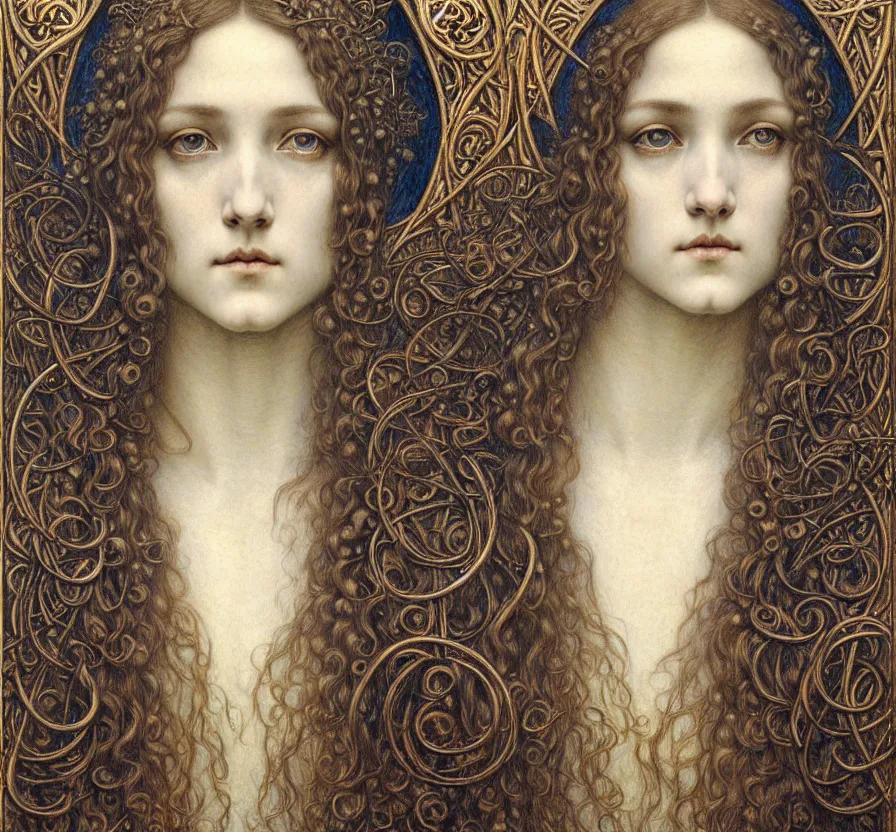 Image similar to detailed realistic beautiful young medieval queen face portrait by jean delville, gustave dore and marco mazzoni, art nouveau, symbolist, visionary, gothic, pre - raphaelite. horizontal symmetry