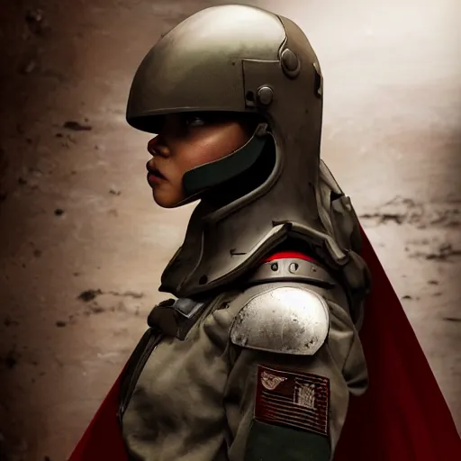 Image similar to a young female soldier with soot marks on her face, elegant, no makeup, in glossy sleek white bloodstained dinged scuffed armor , long torn red cape, heroic posture, determined expression, no helmet, on the surface of mars, dramatic lighting, cinematic, sci-fi, hyperrealistic, detailed
