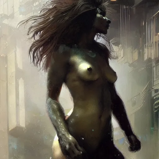 Image similar to female lion, hyperrealistic full figure, bladerunner street alley, art of elysium by frank frazetta and by jeremy mann and by alphonse mucha, fantasy art, photo realistic, dynamic lighting, artstation, full figure poster, volumetric