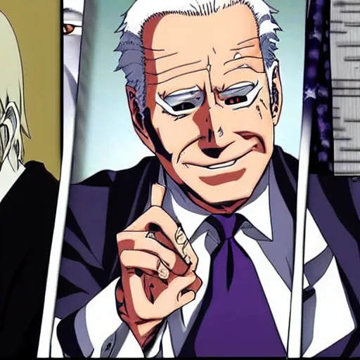 Image similar to biden deathnote anime, anime style