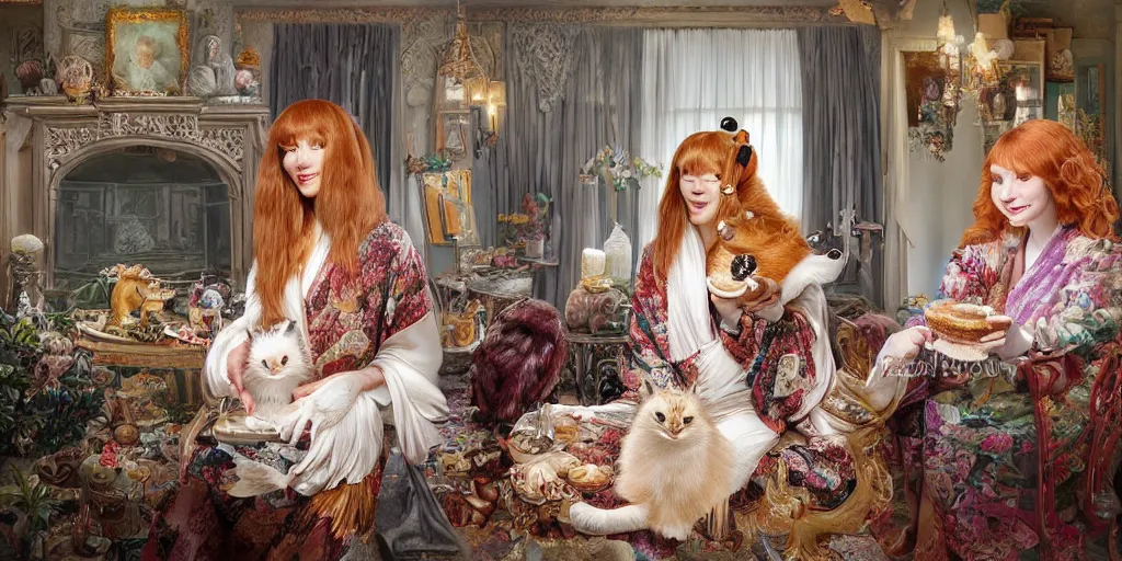 Image similar to a stunning hyper-detailed photorealistic painting of a slender beautiful smiling woman with long ginger hair and bangs, wearing a luxurious silk robe, wearing headphones and posing with her large ginger tabby cat and her raccoon and parrots in an overstuffed easy chair in her sunlit victorian living room, holding a porcelain parrot-shaped coffee mug and a donut, perfect eyes, fashion photography, cinematic lighting, octane render, IBEX Masters, unreal engine, 85 mm lens,