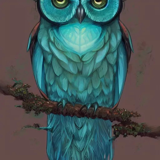 Prompt: A teal owl, D&D, fantasy, highly detailed, digital painting, artstation, smooth, sharp focus, illustration, art by artgerm and greg rutkowski and alphonse mucha