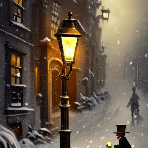 Image similar to a lamplighter on a victorian london street lighting wics with a butane lighter, snowy town, dynamic lighting, photorealistic fantasy concept art, trending on art station, stunning visuals, creative, cinematic, ultra detailed