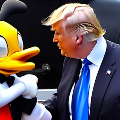 Prompt: Donald Trump shaking hands with Donald Duck