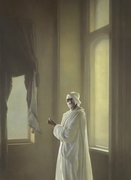 Image similar to an oil painting of a tall person in flowing white robes wearing a white venetian carnival mask standing in a gloomy dark room with hazy sunlight streaming through the window, in the style of john singer sargent, greg rutkowski, maxfield parrish and alphonse mucha