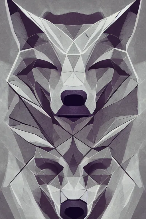 Prompt: Portrait of a wolf head. Geometrical, symmetrical, brutalist, cement, psychedelic colors, trending on artstation