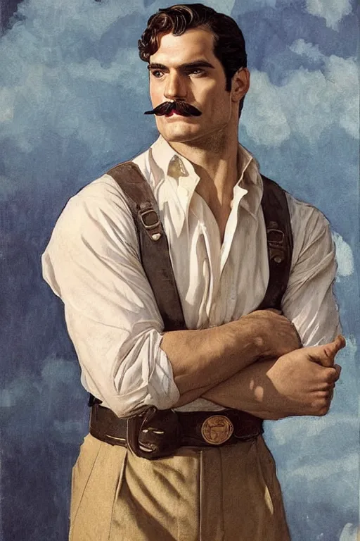 Prompt: henry cavill with a badly photoshopped moustache, attractive male, painting by j. c. leyendecker