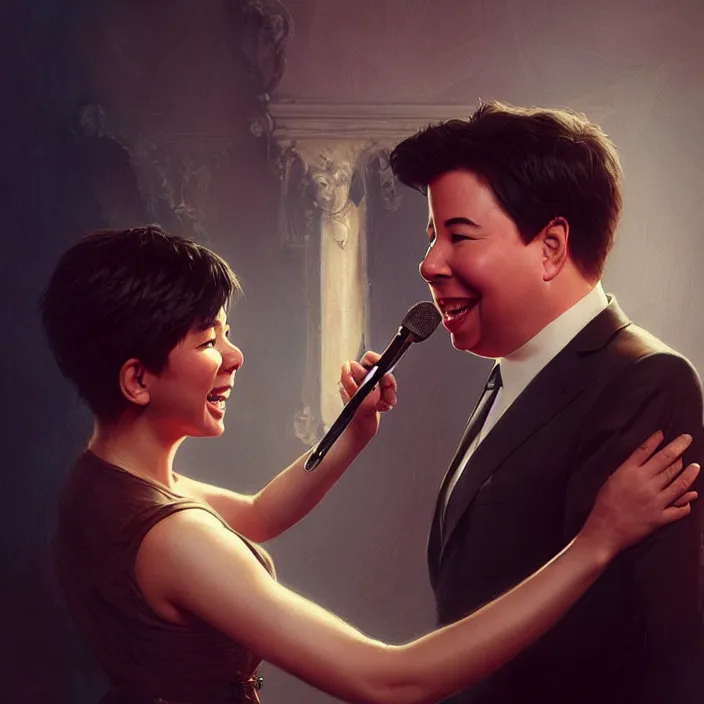 Image similar to michael mcintyre flirting with a singing waitressa, elegant, real life skin, intricate artwork, high detailed, artstation, concept art, smooth, sharp focus, art by artgerm and greg rutkowski