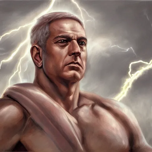 Prompt: benjamin netanyahu as a buff greek god of lightning, shooting lightning bolts from eyes, highly detailed, ultra clear, by artgerm and greg rutkowski