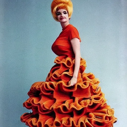 Image similar to dress made out of lasagna, fashion, 6 0 s