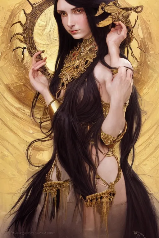 Image similar to a beautiful woman with long black hair, big symmetrical natural ram horns on her head, flowing dress, gold jewellery, dnd, face, fantasy, intricate, elegant, highly detailed, digital painting, artstation, concept art, smooth, sharp focus, illustration, art by artgerm and greg rutkowski and alphonse mucha