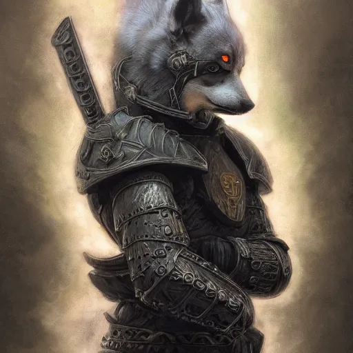 Image similar to berserk black armor, anthropomorphic shiba inu, shiba inu face, in berserk black armor, stuning 3 d render, masterpiece, glowing aura, by donato giancola and greg rutkowski and wayne barlow and zdzisław beksinski, realistic face