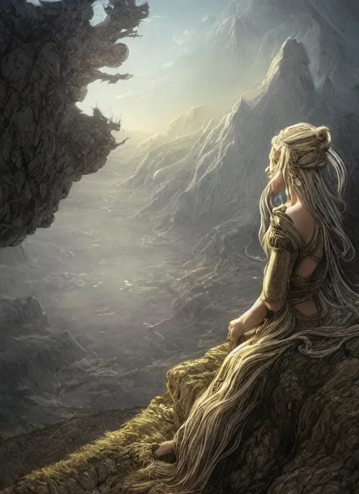 Image similar to A beautiful Norse Goddess with long flowing silver hair perched on a hilltop overlooking a village, fantasy, intricate, elegant, highly detailed, D&D, digital painting, artstation, concept art, matte painting, sharp focus, illustration, glowing light and shadow, atmospheric, shadowy, cinematic, in the style of Greg Rutkowski and artemisia gentileschi and Alphonse Mucha