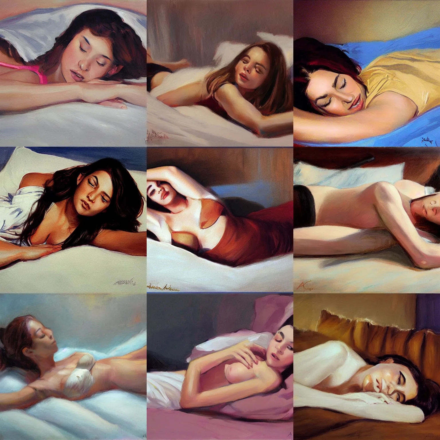 Prompt: girl lying on her belly in bed, stanley artgerm
