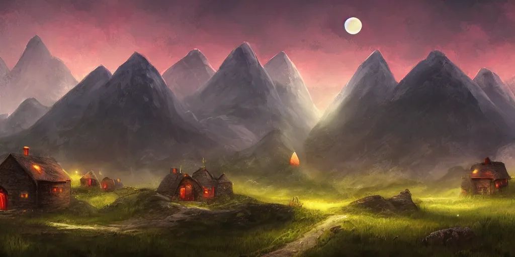 Image similar to Blood soaked fields with large mountains in the distance, small cottage in the foreground, nighttime, moon in the night sky, landscape wallpaper, d&d art, fantasy, painted, 4k, high detail, sharp focus