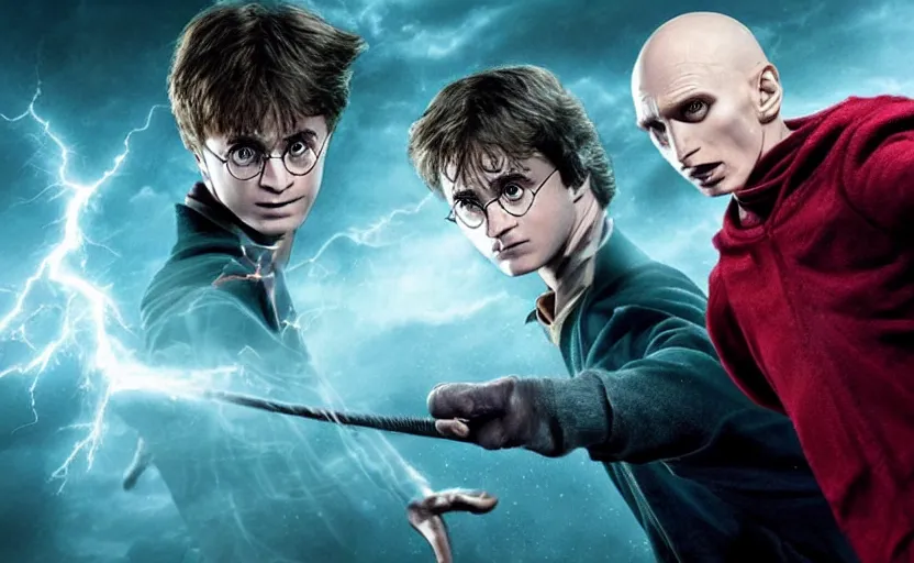 Image similar to magic battle between Harry Potter and Voldermort, spell, wind, stormy, cinematic