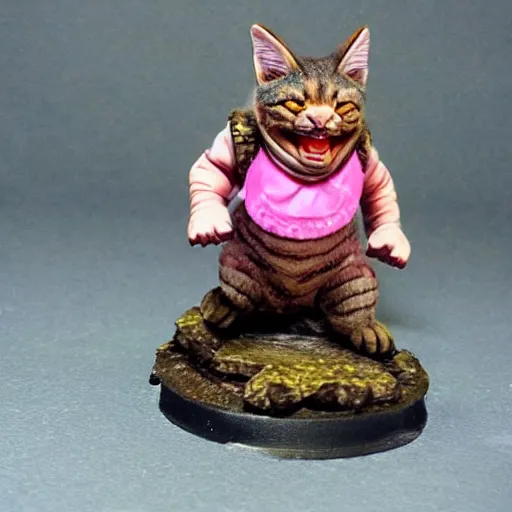 Image similar to a crazy dwarf tabaxi wearing pink flip flops, laughing hysterically