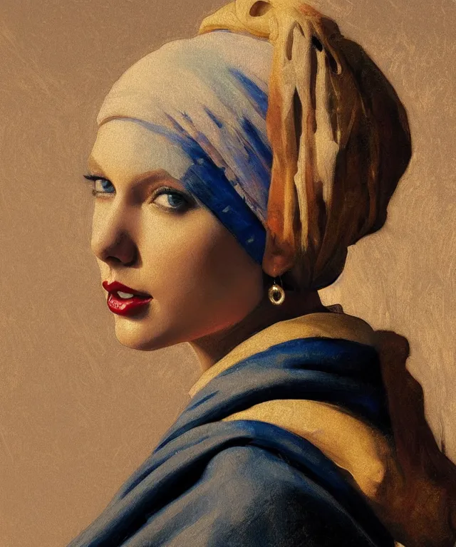 Image similar to Taylor Swift as the girl with the pearl earring, highly detailed, digital painting, artstation, concept art, smooth, sharp focus, illustration, ArtStation, art by artgerm and greg rutkowski and alphonse mucha and J. C. Leyendecker and Edmund Blair Leighton and Katsuhiro Otomo and Geof Darrow and Phil hale and Ashley wood and Ilya repin and Charlie Bowater