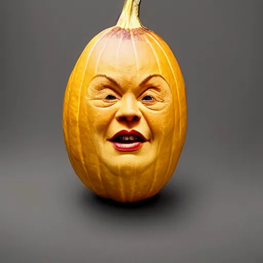 Image similar to a [ gourd ] carved shaped to look like ( amber heard face ) hybrid intercross