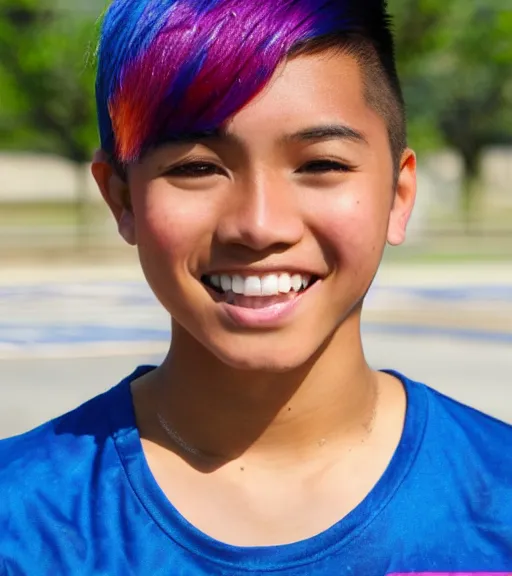 Image similar to a professional portrait of a seventeen year old hispanic filipina girl with a sporty flair, mahogany eyes, dyed rainbow hair in a short spiky pixie cut, a blue tank top, a confident smile, athletic, track star, five feet tall, athletic, warm brown eyes