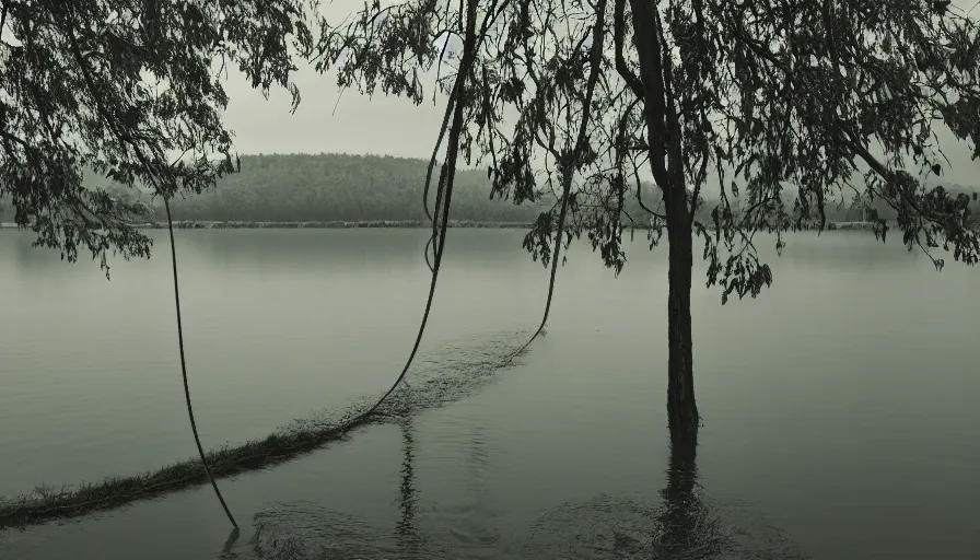 Image similar to photograph of an infinitely long rope floating on the surface of the water, the rope is snaking from the foreground towards the center of the lake, a dark lake on a cloudy day, trees in the background, moody scene, anamorphic lens