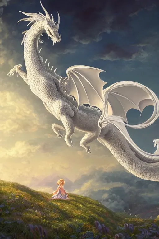 Image similar to beautiful scene render that a princess ride on a huge silver white dragon back, finely detailed angelic face delicate features directed gaze, in the fairyland surrounded by white clouds, style of makoto shinkai, raphael lacoste, louis comfort tiffany, artgerm, james jean, ross tran, 8 k hd, ultra wide angle, animation style, hyper detailed