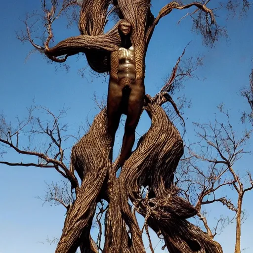 Image similar to a human man statue stuck in a cosmic tree, a sense of awe, amazement, monogon, plasma display, wooden, silver, mercury, damascus, armature wire, multiscopy, morph, in a symbolic and meaningful style, insanely detailed and intricate, hypermaximalist, elegant, ornate, hyper realistic, super detailed,